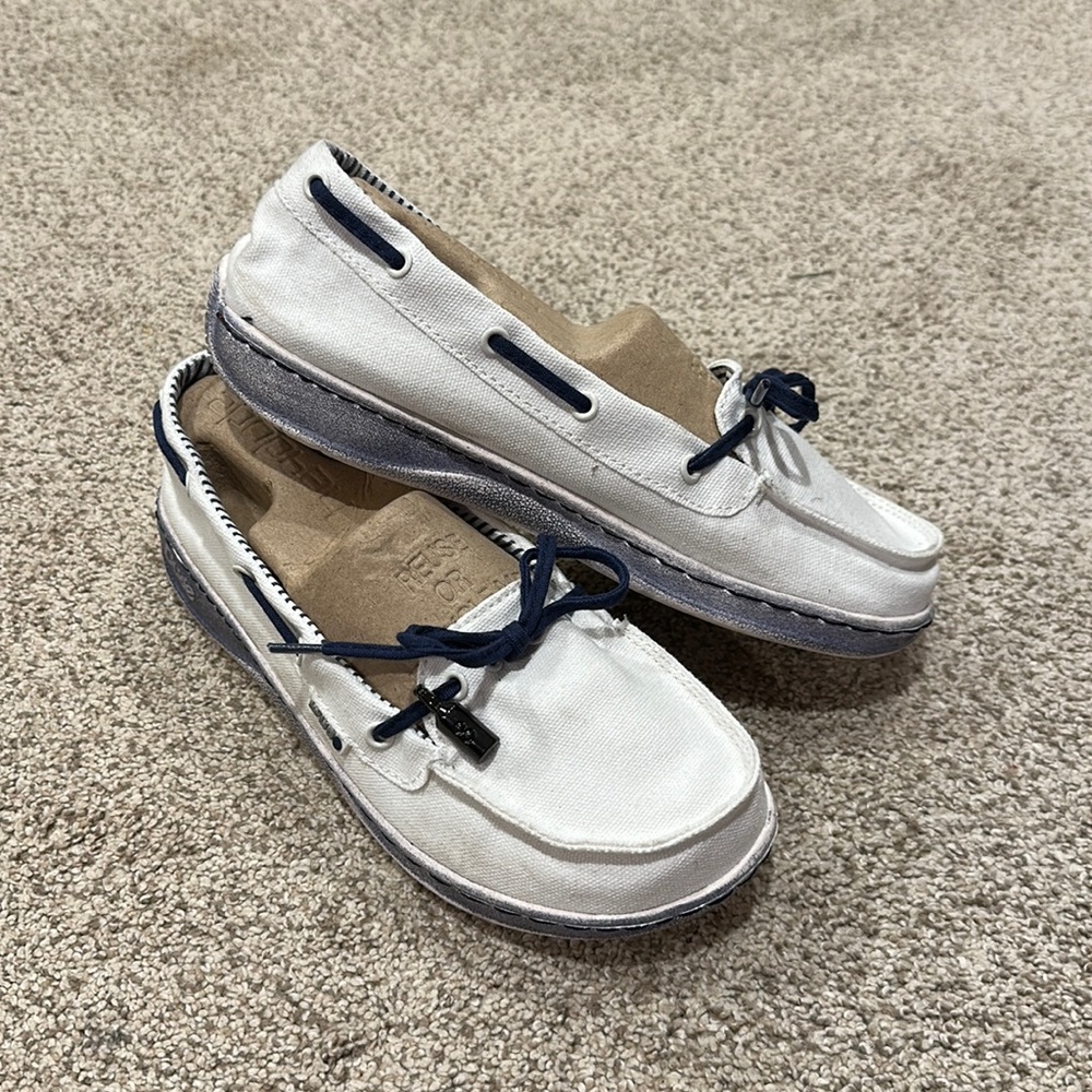 Hey Dude white and blue shoes